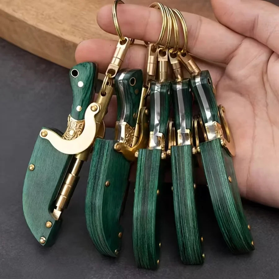 Mini Folding Knife Keychain Portable Pocket Knife Green Wood Handle Brass Decor EDC Tool for Outdoor Camping Survival