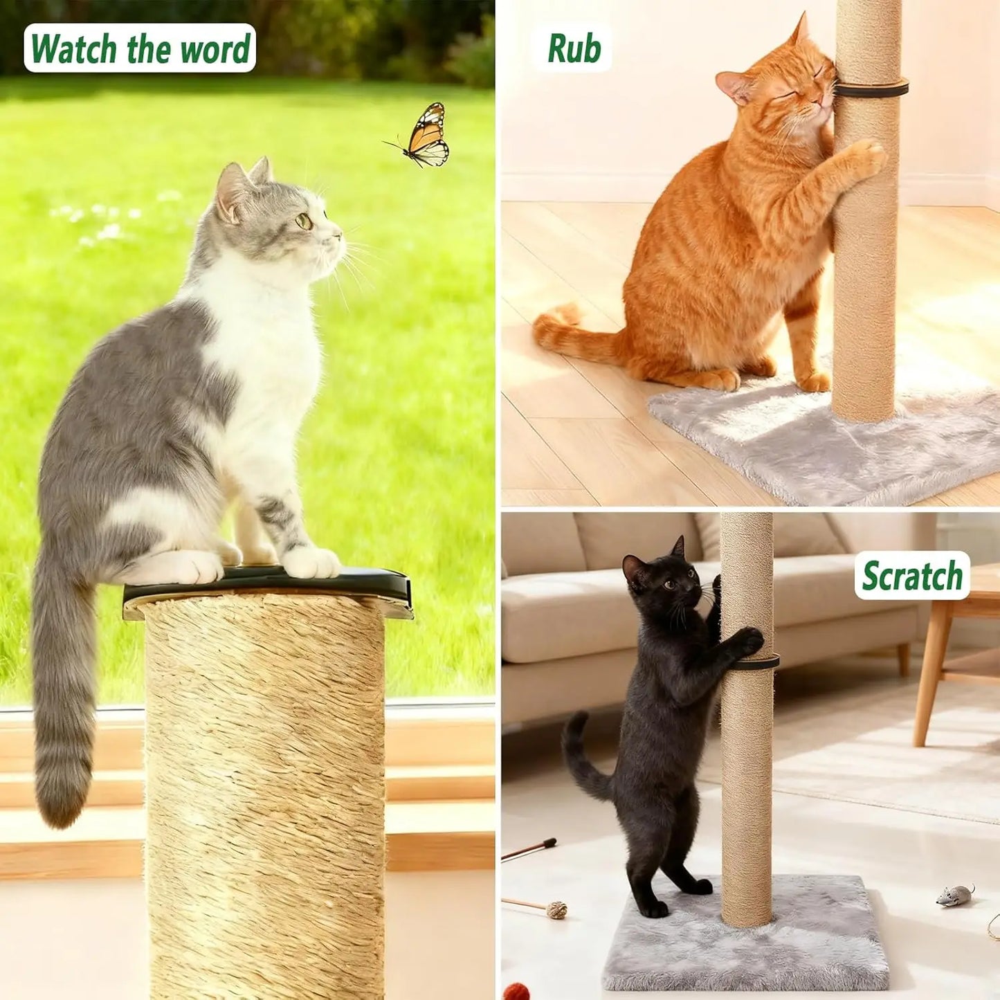 33' Tall Cat Scratching Post with Sisal & Plush Pad for Indoor Cats