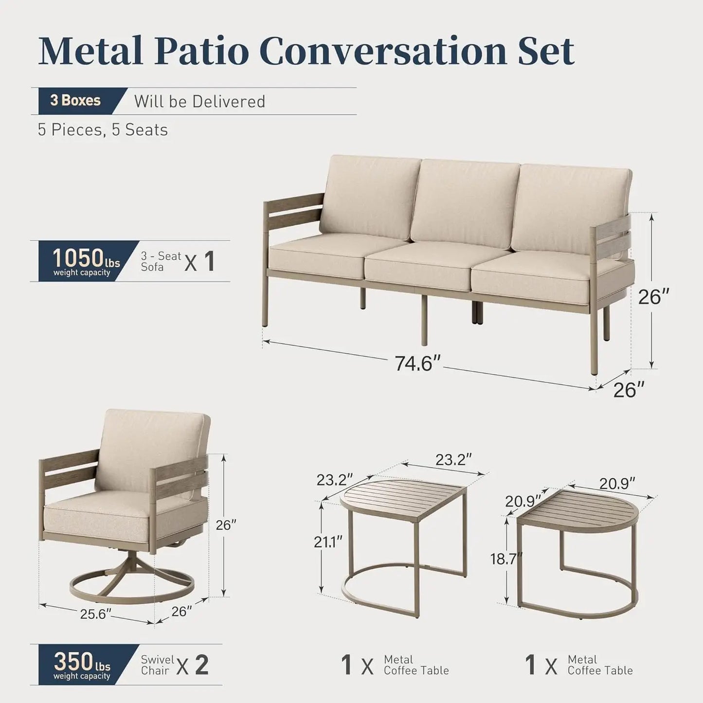 Metal Frame Patio Furniture Set, Wood-Like Modern Outdoor Patio Furniture Set with Cushion, Patio Seating Set with, Customized