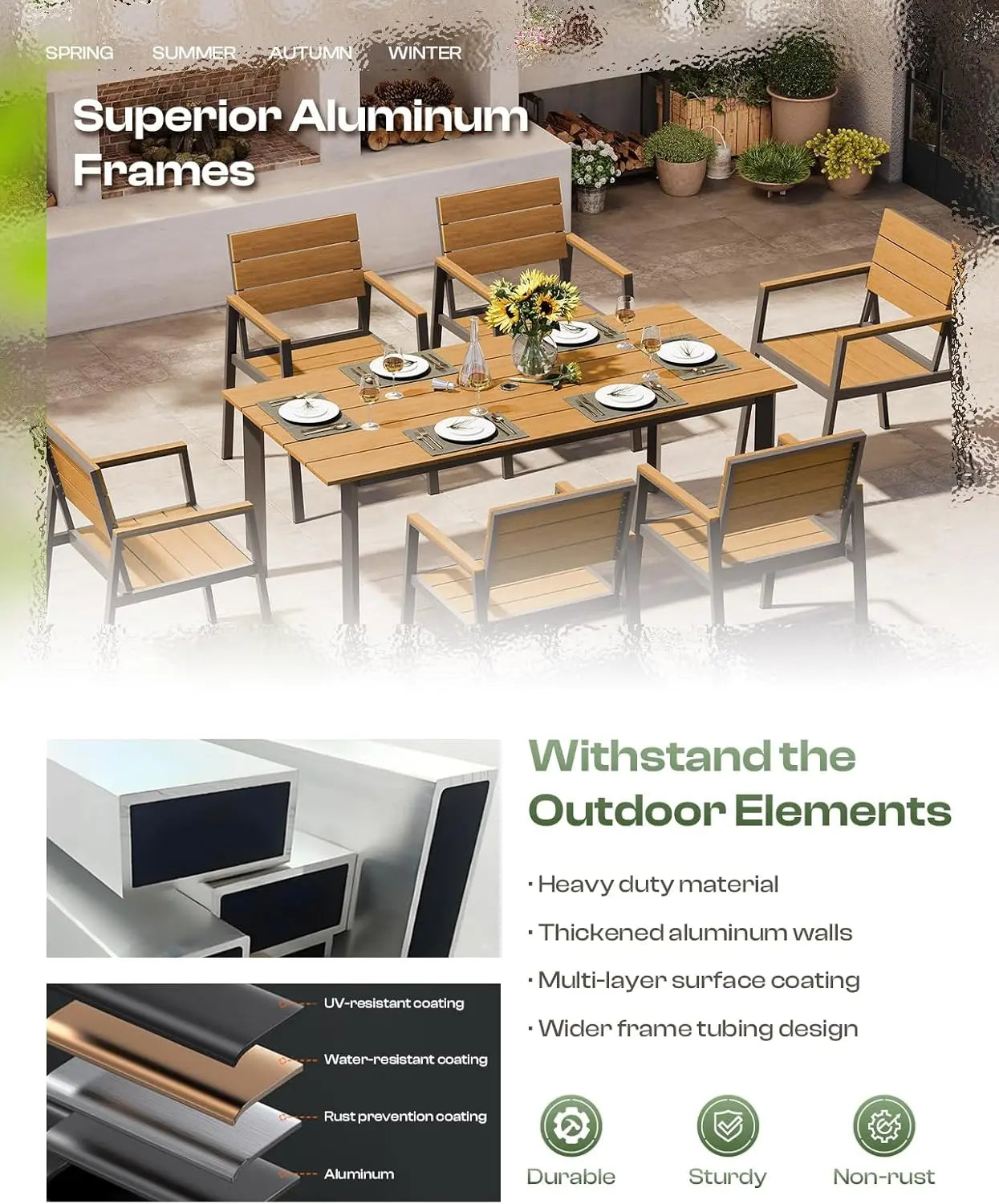 Outdoor Dining Set for 6, Patio Table and Chairs Set with Umbrella Hole, 7 Pieces HDPS Outdoor Furniture Sets for Patio, Garden