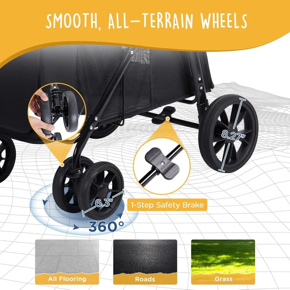Wheels Pet Stroller for Small/Medium Dogs - One Button Fold, Adjustable Mesh Windows and Shades, 360° Swivel Front Wheels and R