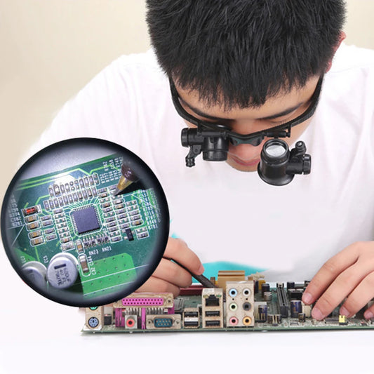 Professional Magnifier with Two LED Lights 10X/15X/20X/25X Double Eye Glasses Type Watch Repair Jeweler Inspect Tool
