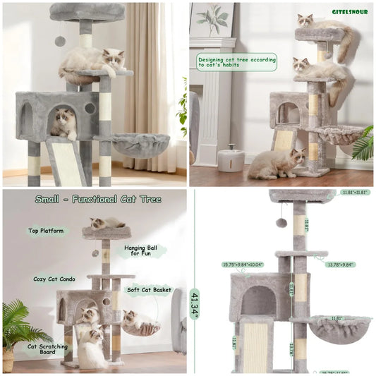 Cat Tree 41.3' Multi-Level Condo with Scratching Posts, Perches, Hammock & Balls - Light Gray