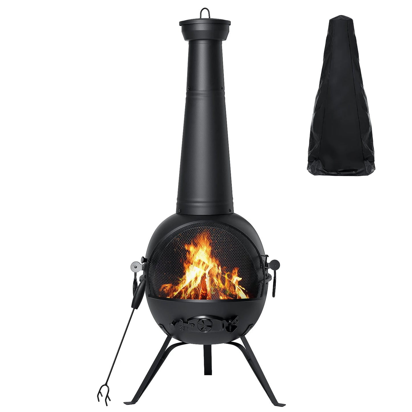 Fire Outdoor Chiminea Fireplace Deck or Patio Backyard Wooden Fire Pit with Chiminea Cover Rust-Free Iron Black