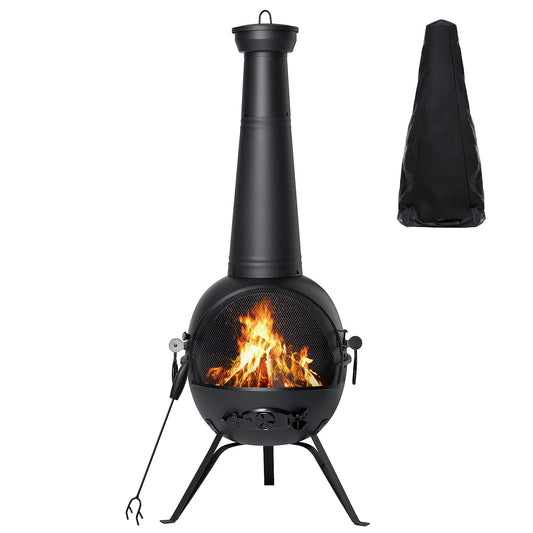 Fire Outdoor Chiminea Fireplace Deck or Patio Backyard Wooden Fire Pit with Chiminea Cover Rust-Free Iron Black