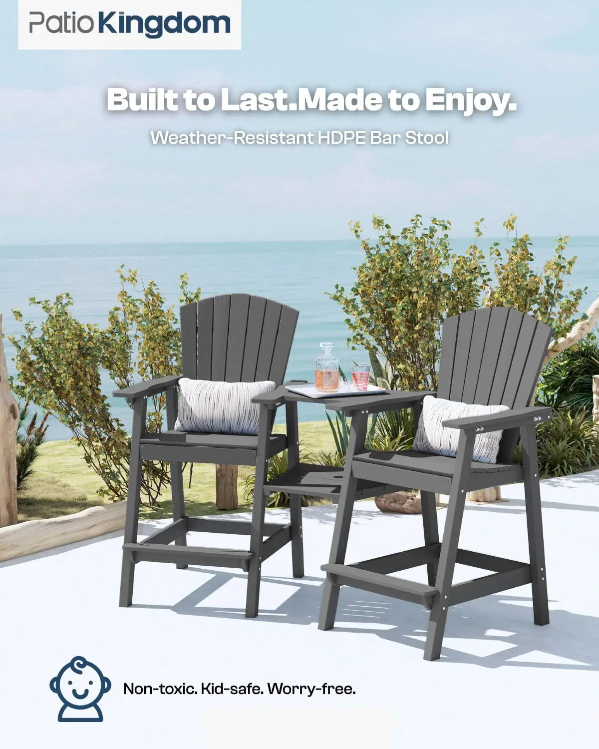 Grey HDPE Tall Adirondack Chair Set of 2 with Beige 11FT Cantilever Umbrella, All-Weather Outdoor Bar Height Chairs, Customized