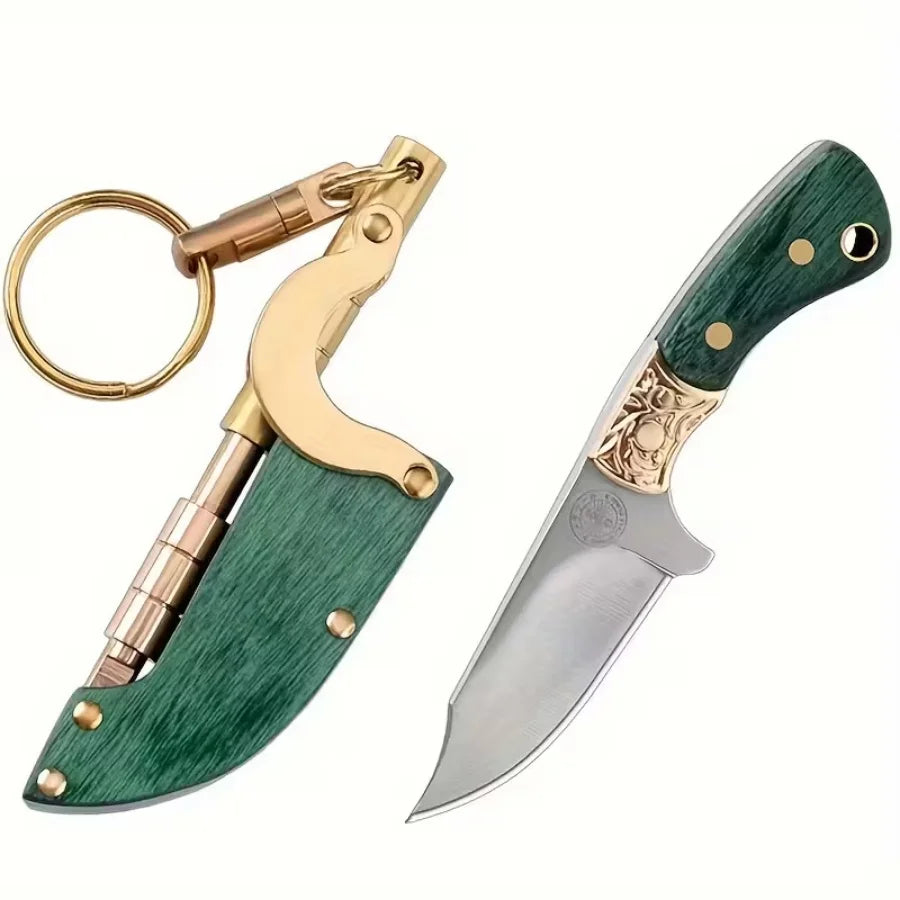 Mini Folding Knife Keychain Portable Pocket Knife Green Wood Handle Brass Decor EDC Tool for Outdoor Camping Survival