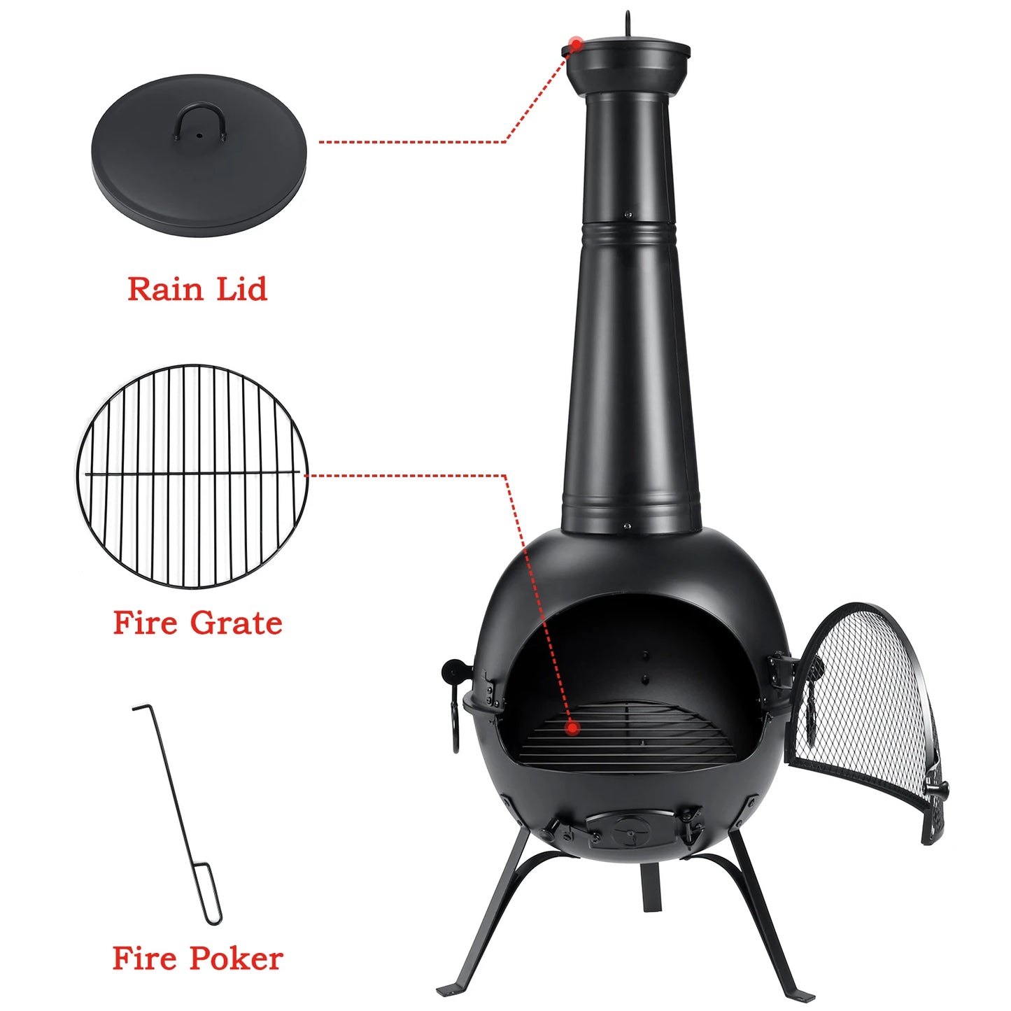 Fire Outdoor Chiminea Fireplace Deck or Patio Backyard Wooden Fire Pit with Chiminea Cover Rust-Free Iron Black