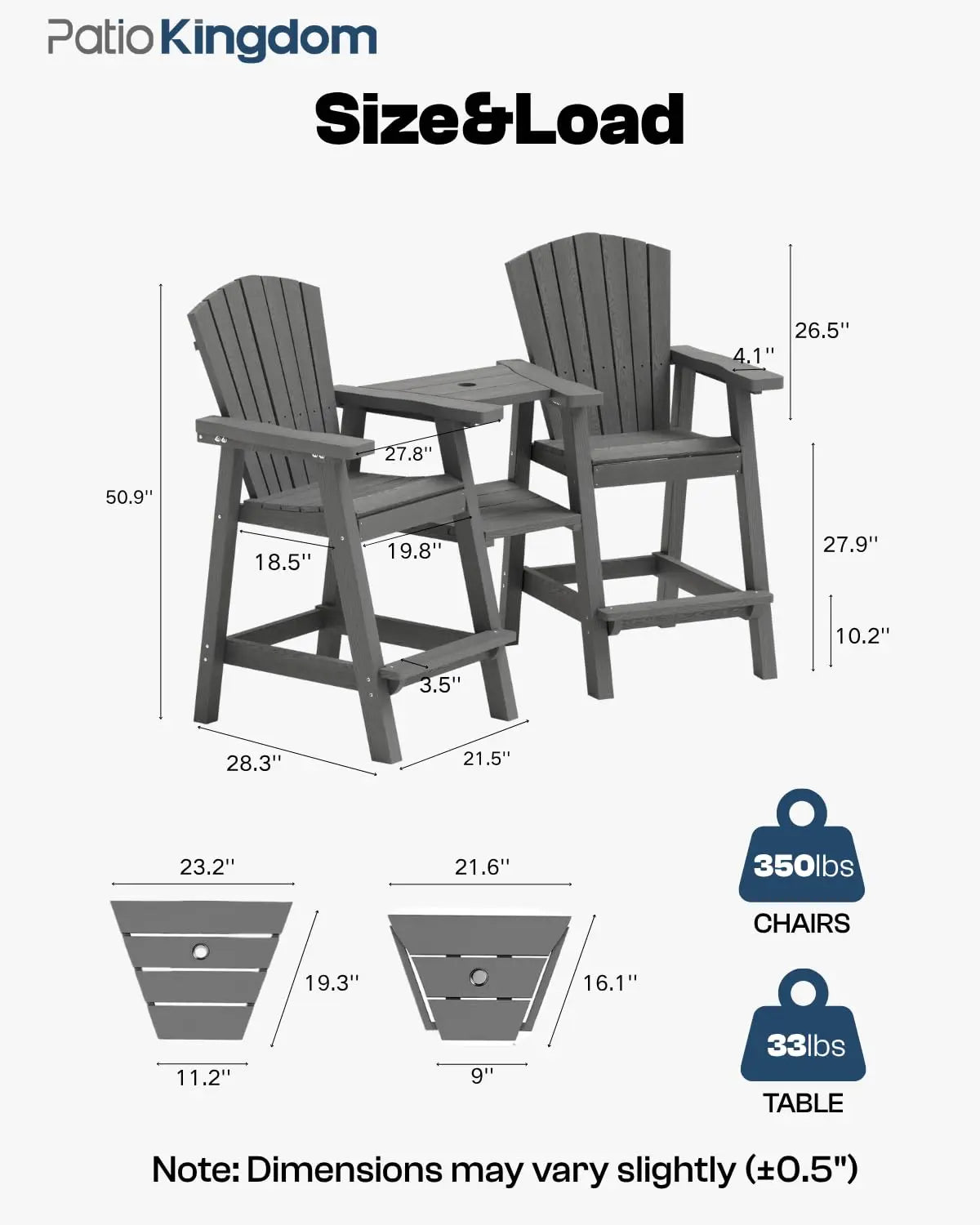 Grey HDPE Tall Adirondack Chair Set of 2 with Beige 11FT Cantilever Umbrella, All-Weather Outdoor Bar Height Chairs, Customized