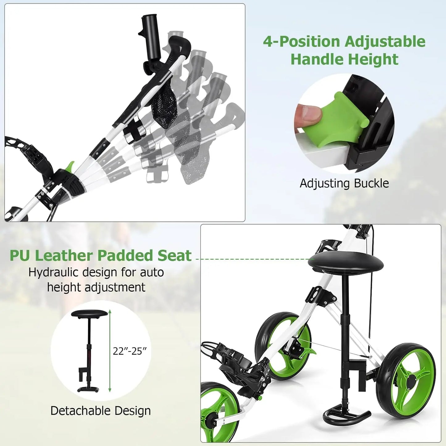Golf Push Cart with Seat, Lightweight Folding 3 Wheels Golf Pull Cart Golf Trolley with Scoreboard Bag Foot Brake Cup & Umbrella