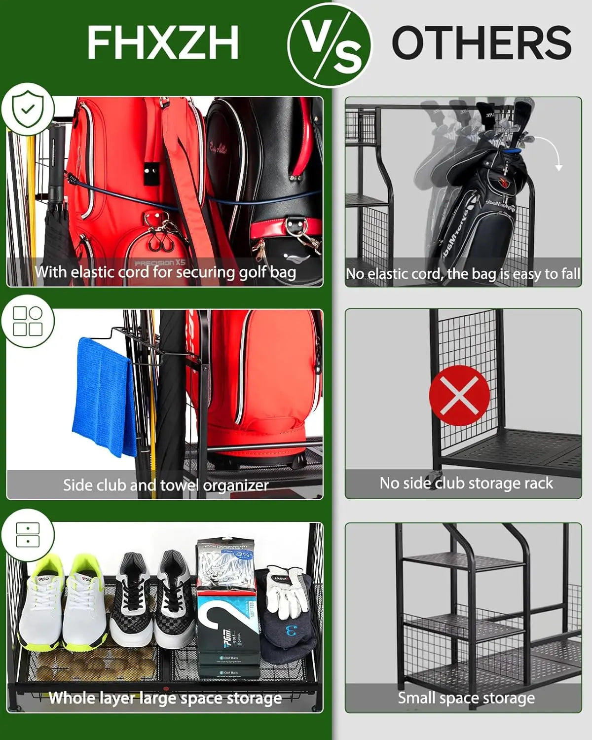 Golf Bag Storage Garage Organizer for 2 Bag, Extra Clubs, Balls, Shoes, for Garage, Club, Shed