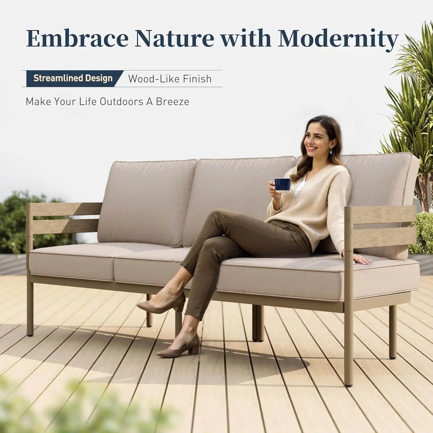 Metal Frame Patio Furniture Set, Wood-Like Modern Outdoor Patio Furniture Set with Cushion, Patio Seating Set with, Customized