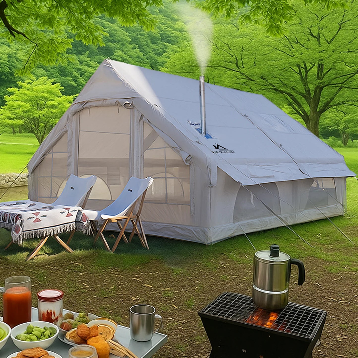 13' x 10' Inflatable Camping Tent for 8-10 Person,4 Season Blow up Tents Waterproof, Air Tent with Chimney Hole