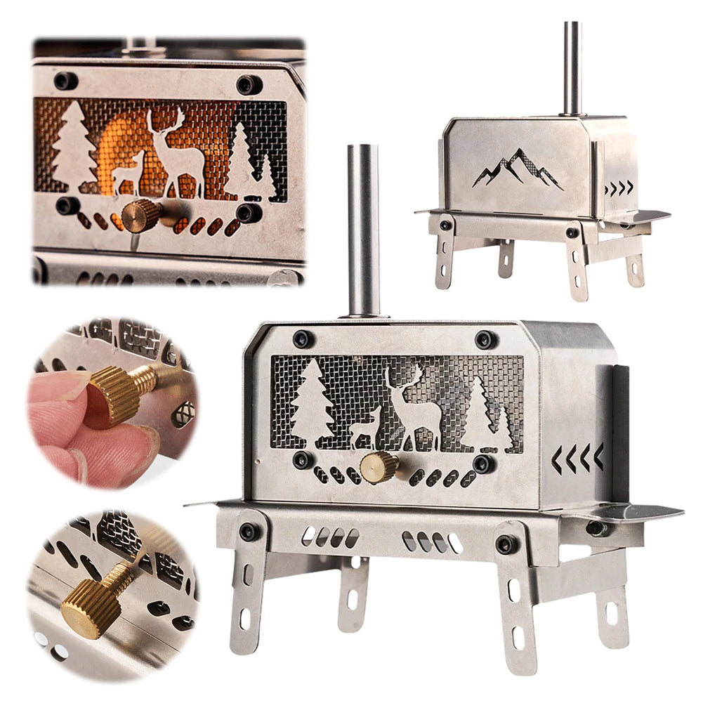 Outdoor Firewood Stove with Chimney Wood Burning Stove Stainless Steel Camping Wood Stove for Backpacking Fishing