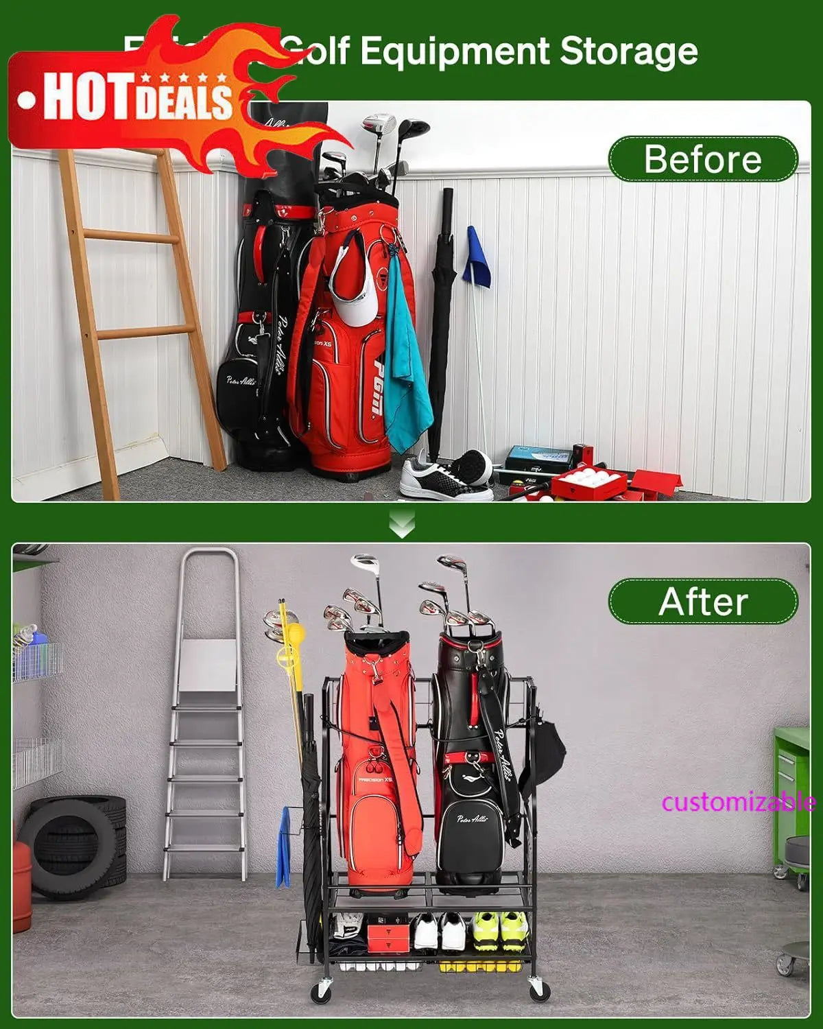 Golf Bag Storage Garage Organizer for 2 Bag, Extra Clubs, Balls, Shoes, for Garage, Club, Shed