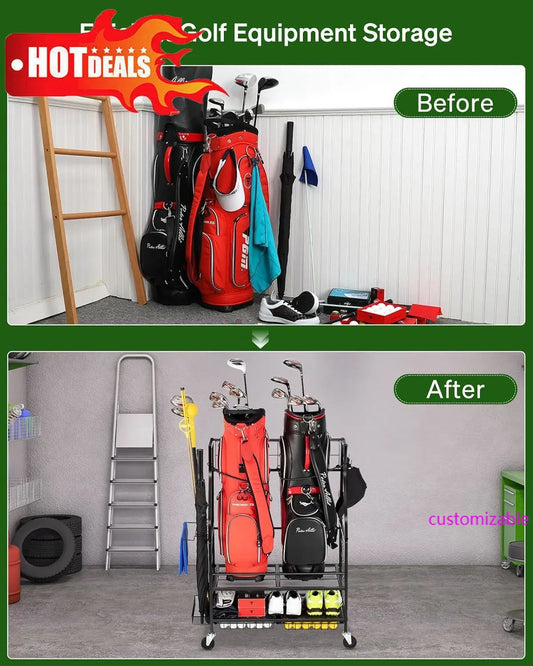 Golf Bag Storage Garage Organizer for 2 Bag, Extra Clubs, Balls, Shoes, for Garage, Club, Shed
