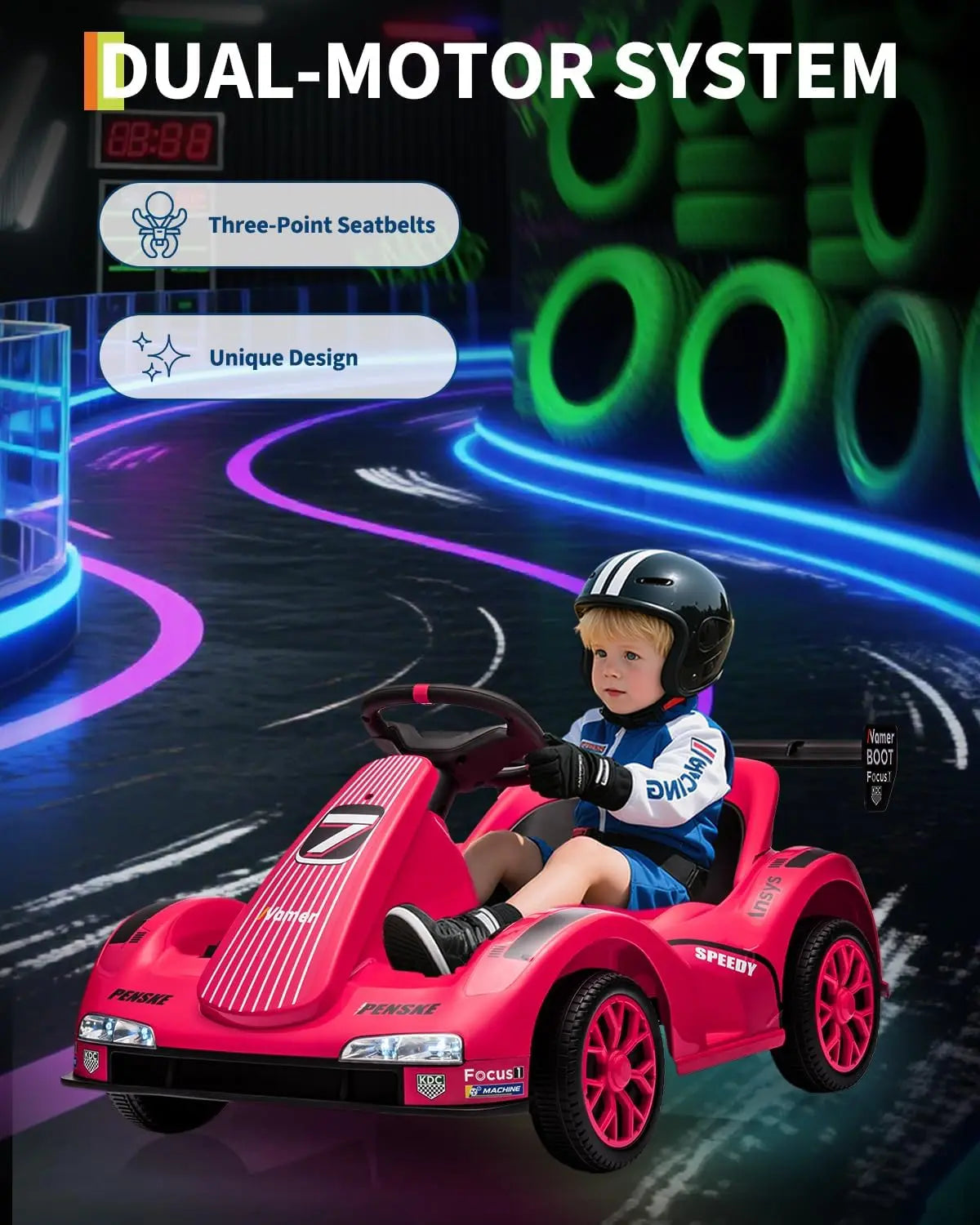 Kids Go Kart, Electric Ride On Drift Kart with Dual Motors,LED Lights, Safety Belt,Battery Powered Outdoor Ride On Racing Toy