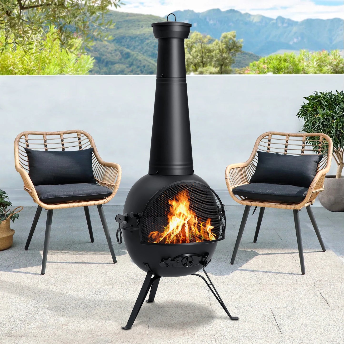 Fire Outdoor Chiminea Fireplace Deck or Patio Backyard Wooden Fire Pit with Chiminea Cover Rust-Free Iron Black