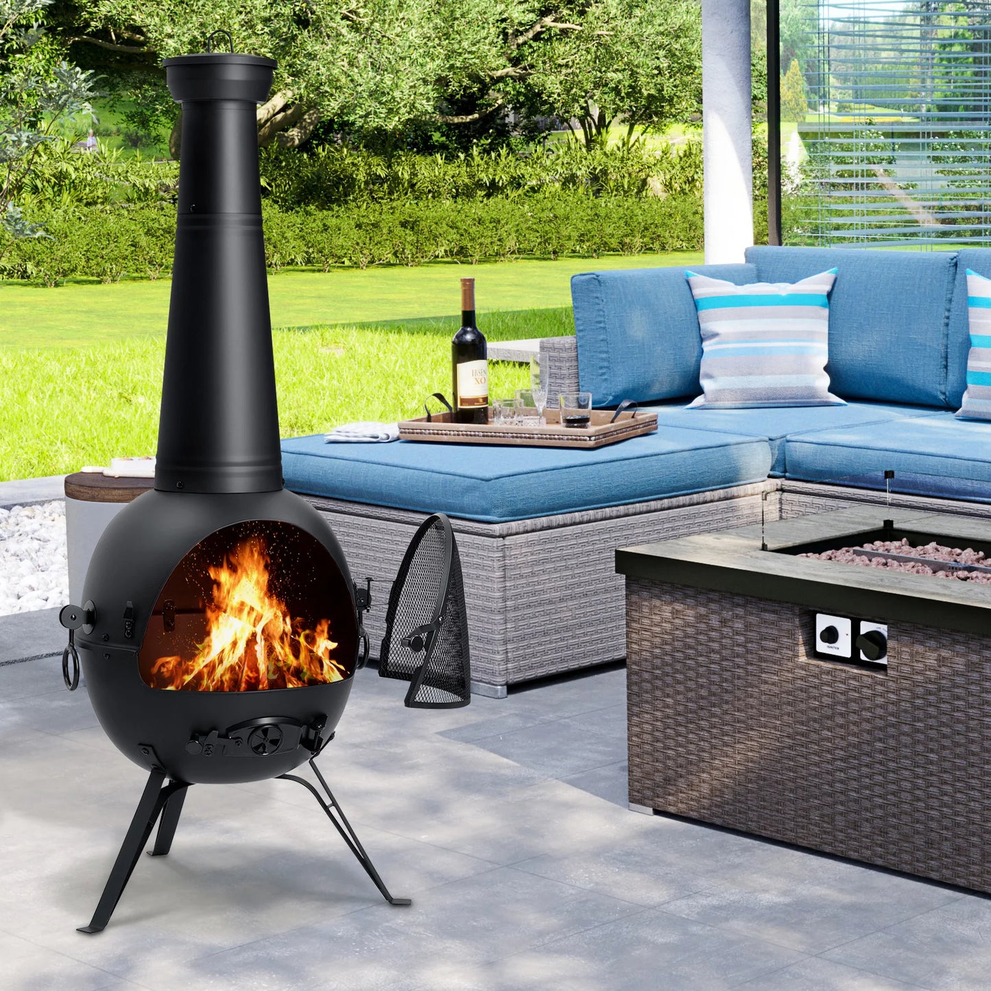 Fire Outdoor Chiminea Fireplace Deck or Patio Backyard Wooden Fire Pit with Chiminea Cover Rust-Free Iron Black
