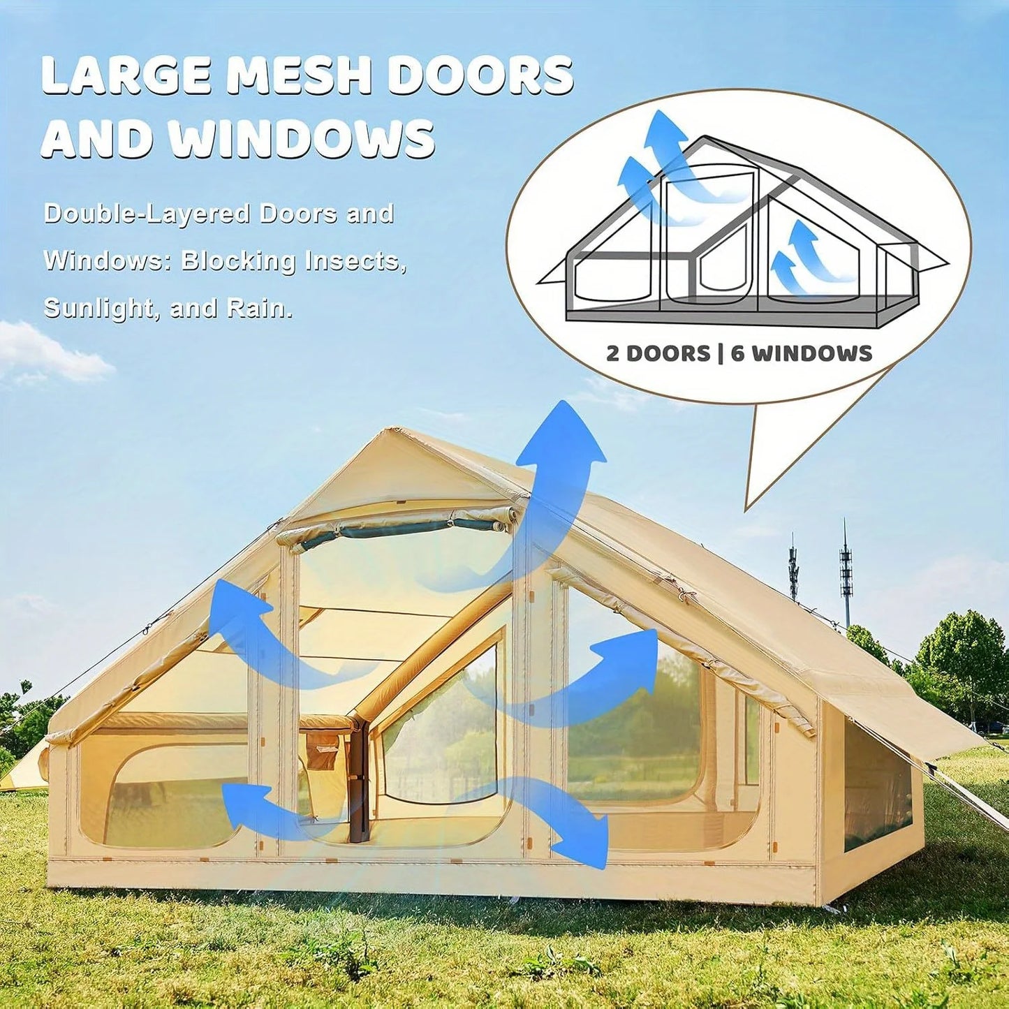 Inflatable tent camping for 1-6 people, hand pump inflation large tent, with skylight and chimney waterproof oxford cloth all