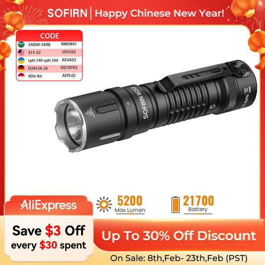 Sofirn SC33 LED Tactical Flashlight XHP70.3 HI  5200lm Powerful 21700 Type C Rechargeable Torch E-switch Outdoor Light