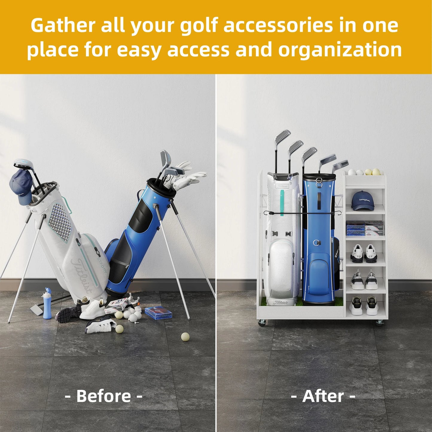 Wooden Golf Bag Storage Rack Holder for Garage Fit for 2 Golf Bags Organizer