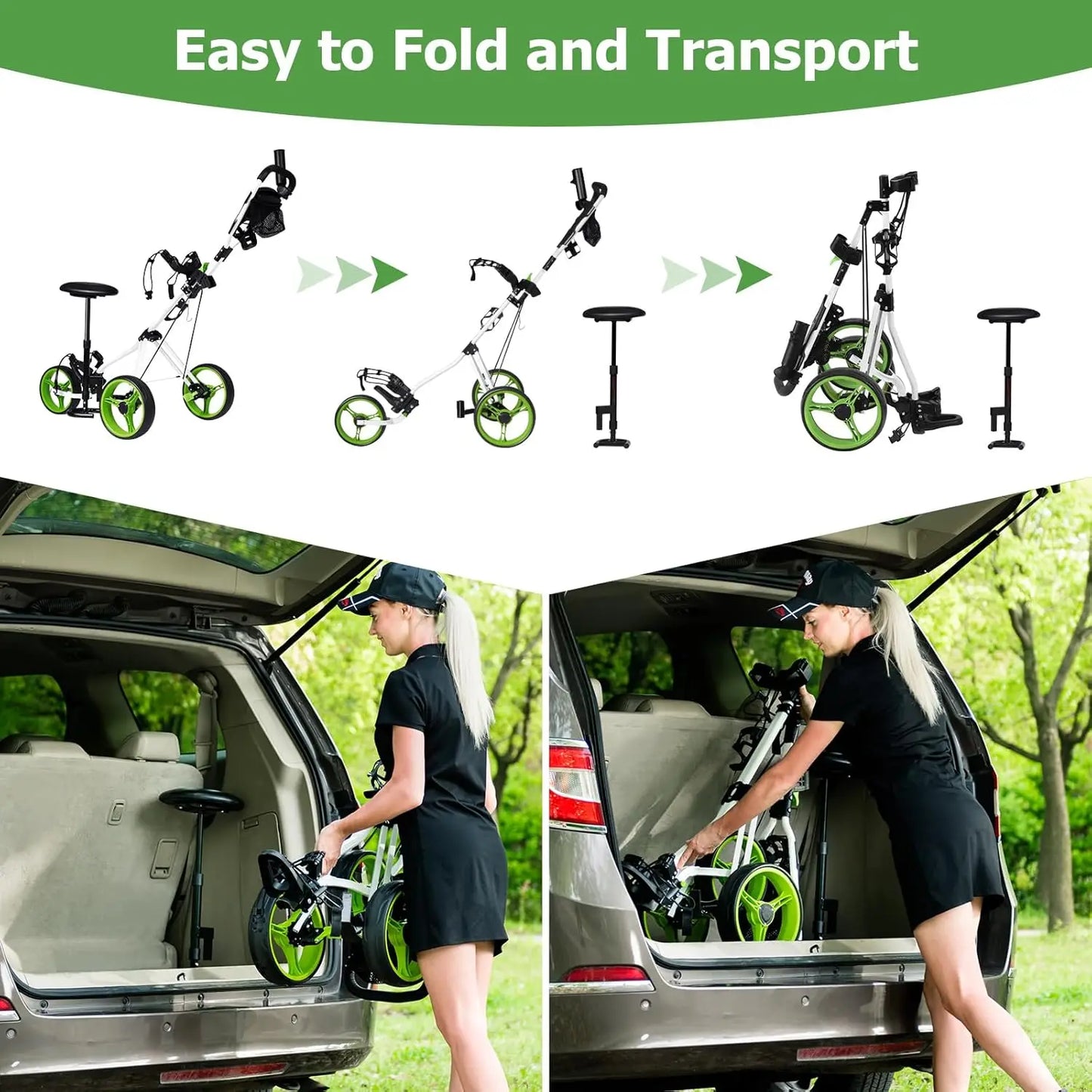 Golf Push Cart with Seat, Lightweight Folding 3 Wheels Golf Pull Cart Golf Trolley with Scoreboard Bag Foot Brake Cup & Umbrella