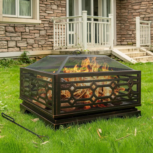 Outdoor Fire Pit, 32 Inch Wood Burning Firepit for Outside with Mesh Cover & Fire Poker, Large Square Metal, Customized