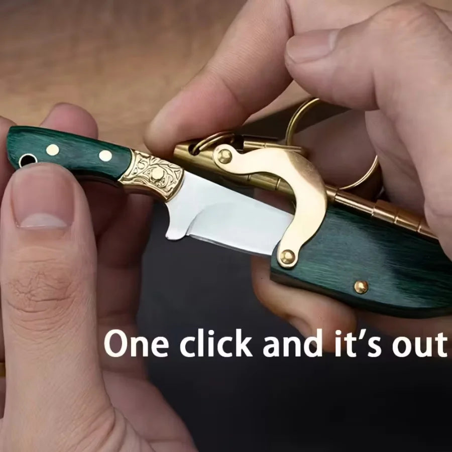 Mini Folding Knife Keychain Portable Pocket Knife Green Wood Handle Brass Decor EDC Tool for Outdoor Camping Survival