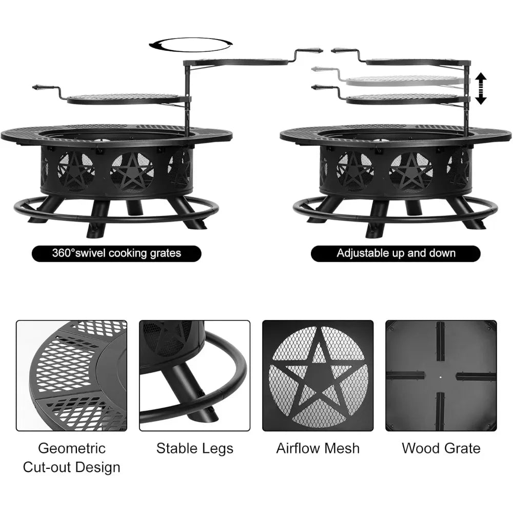 42 Inch Fire Pit with 2 Grills, for Outside with Lid & Poker, Heavy Duty Firepit,BBQ& Outdoor Fire Pit