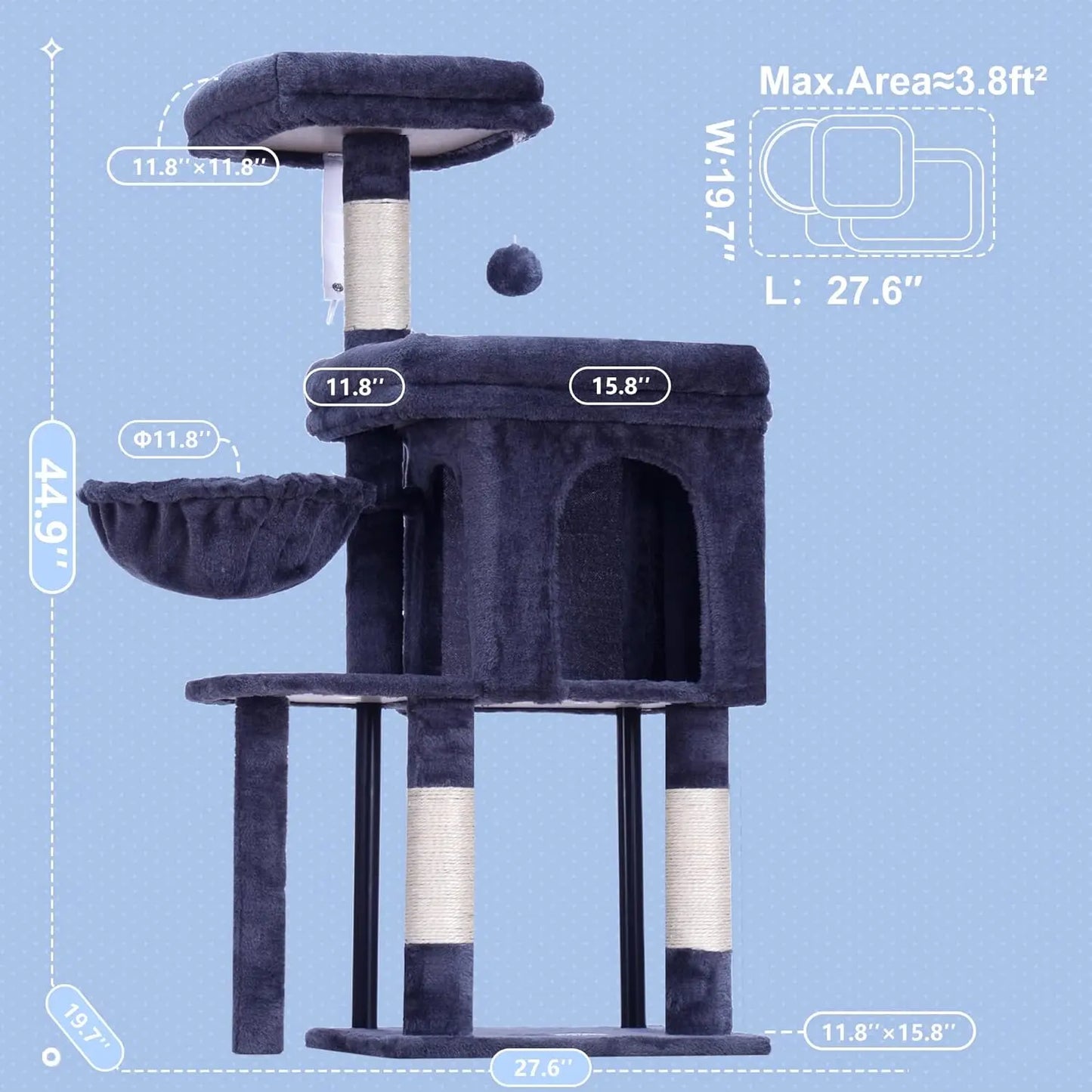 Cat Tree Tower, Scratching Post with Cozy Condo, Padded Bed, Hammock, Plush Perch, Sisal Post & Ball, 44.9', Smoky Gray MPJ009SG