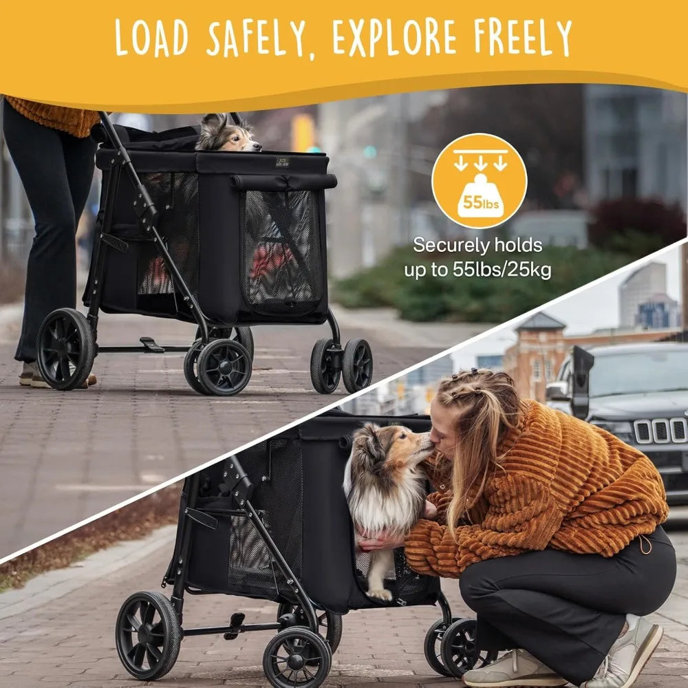 Wheels Pet Stroller for Small/Medium Dogs - One Button Fold, Adjustable Mesh Windows and Shades, 360° Swivel Front Wheels and R