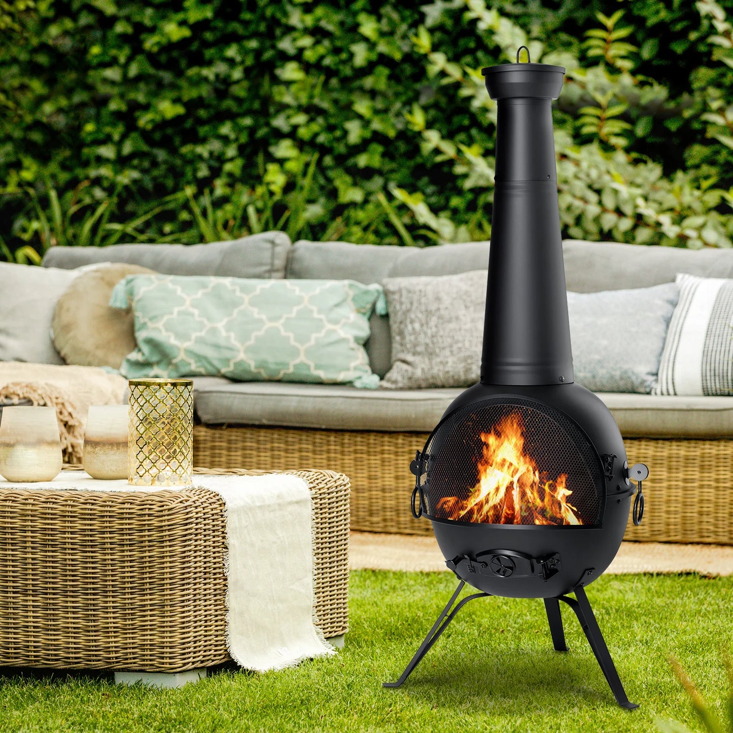 Fire Outdoor Chiminea Fireplace Deck or Patio Backyard Wooden Fire Pit with Chiminea Cover Rust-Free Iron Black