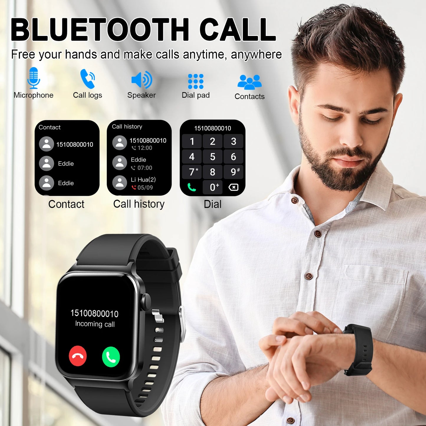 Smart Watch, 1.85" Smartwatch (Answer/Make Call), IP68 Waterproof Fitness Tracker, 100+ Sport Modes, Heart Rate and Sleep Monito