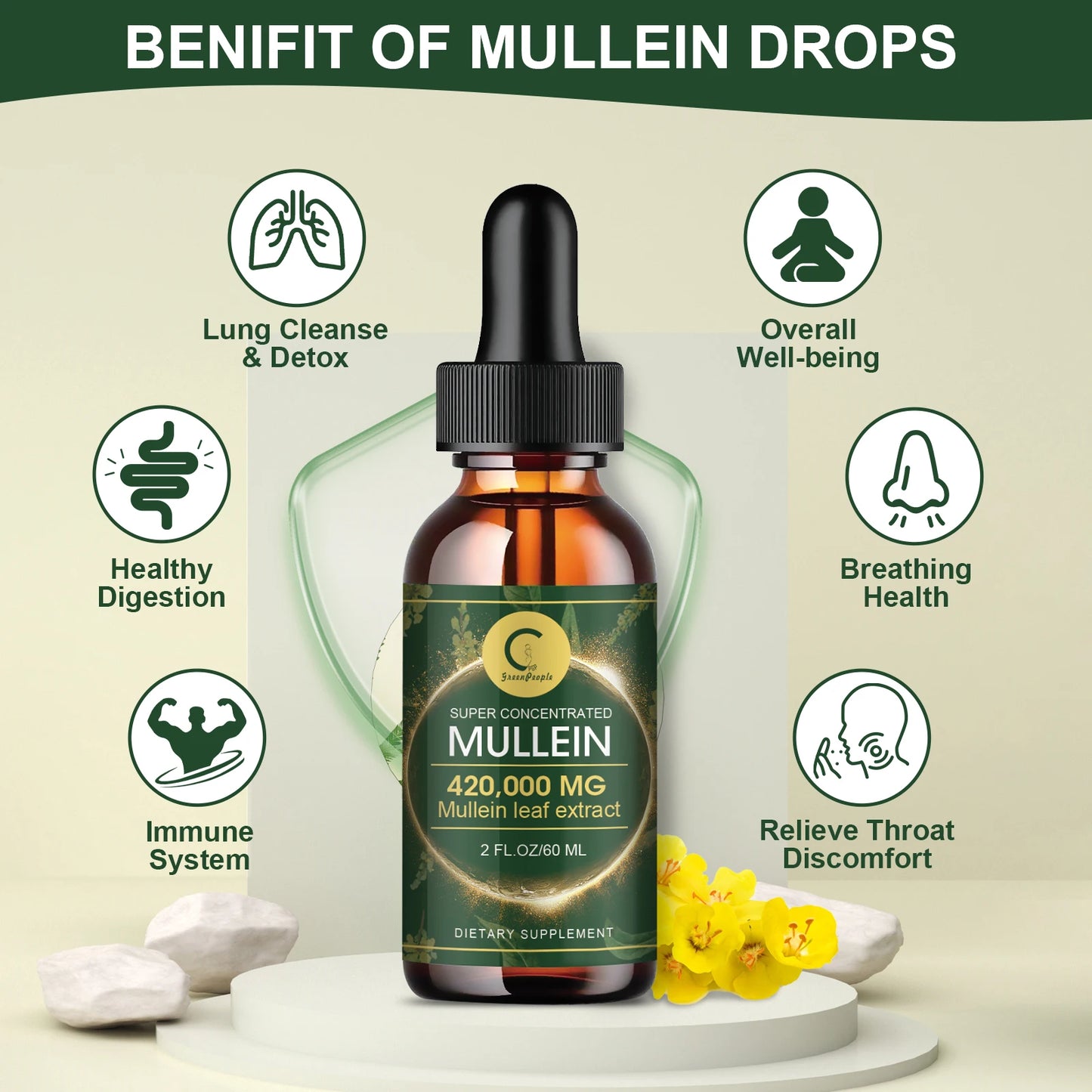 GPGP Greenpeople 60ML Mullein Drops for Lungs Health ,Lung Detox & Cleanse, Support for Respiratory, Immune, Digestive System