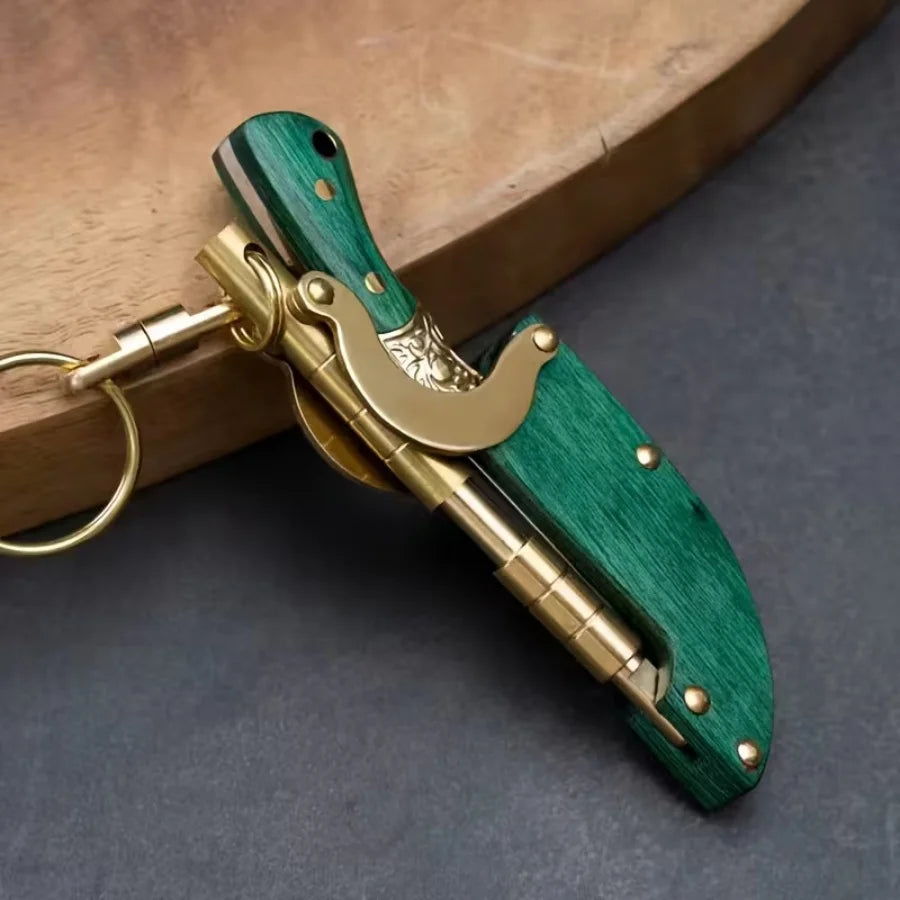 Mini Folding Knife Keychain Portable Pocket Knife Green Wood Handle Brass Decor EDC Tool for Outdoor Camping Survival