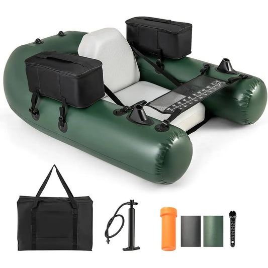 Inflatable Float Tube, Fishing Belly Boat with Fish Ruler, 2 Detachable Storage Bags, Pump, Carry Bag, PVC Fish Boat w/Reinforce