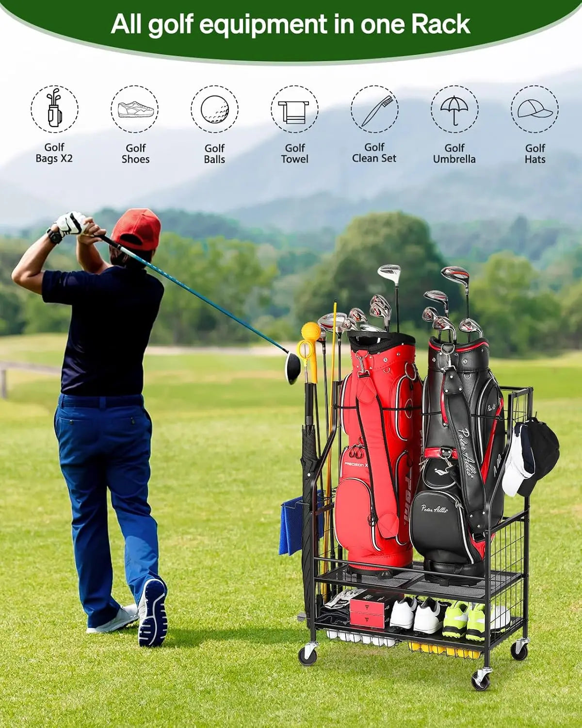 Golf Bag Storage Garage Organizer for 2 Bag, Extra Clubs, Balls, Shoes, for Garage, Club, Shed