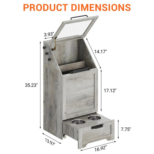 Large Dog Food Storage Cabinet with Flip Top - Pet Feeding Station & Organizer w/Transparent Lid, Side Hooks for Leashes - Multi