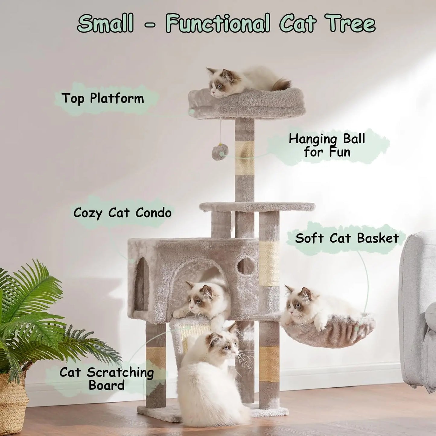 Cat Tree 41.3' Multi-Level Condo with Scratching Posts, Perches, Hammock & Balls - Light Gray