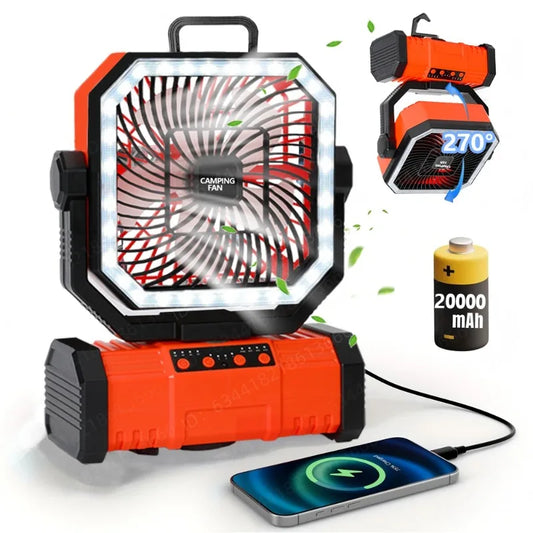 20000mAh Camping Fan with LED Lantern, Rechargeable Battery Operated Oscillating with Remote Hook Steroage Bag