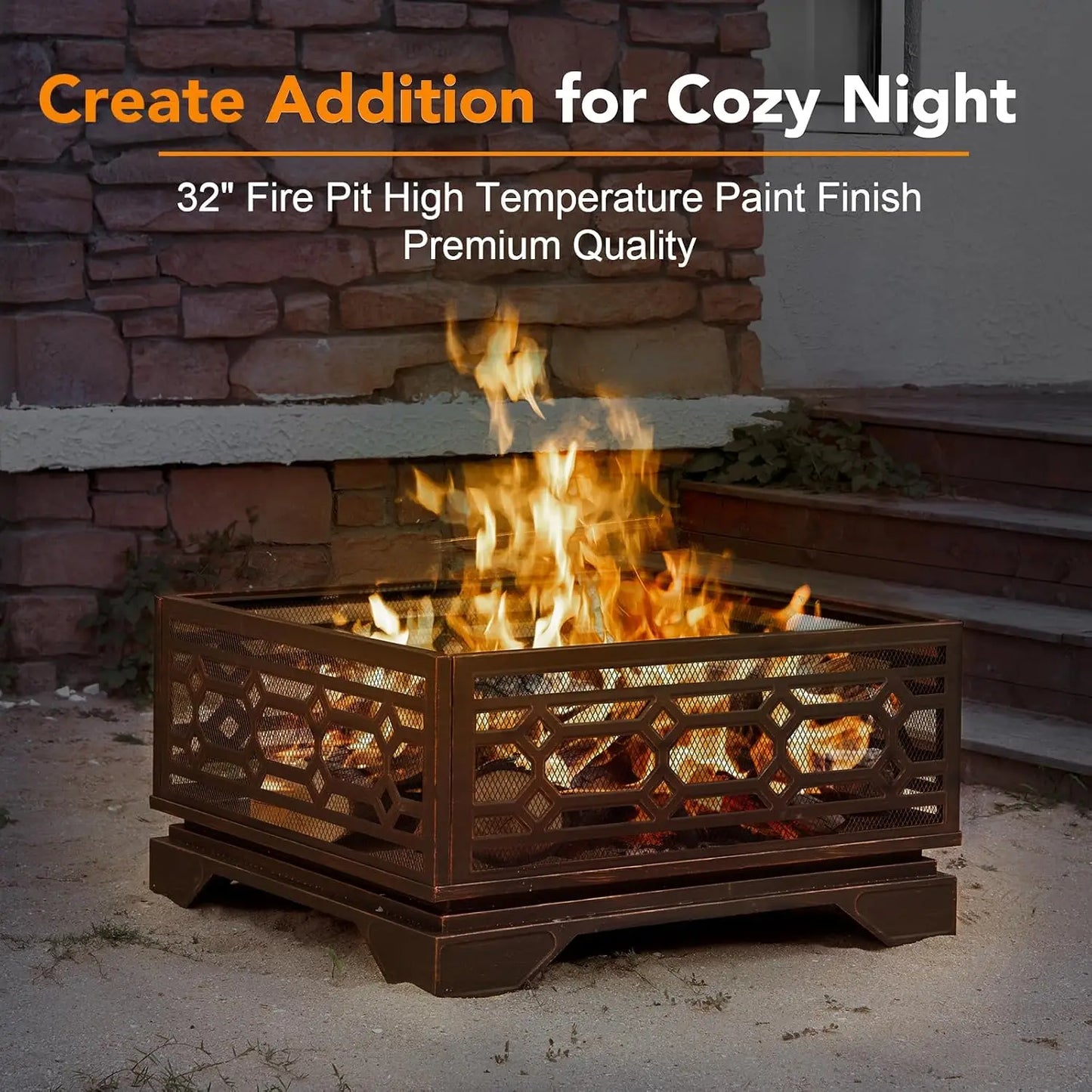 Outdoor Fire Pit, 32 Inch Wood Burning Firepit for Outside with Mesh Cover & Fire Poker, Large Square Metal, Customized