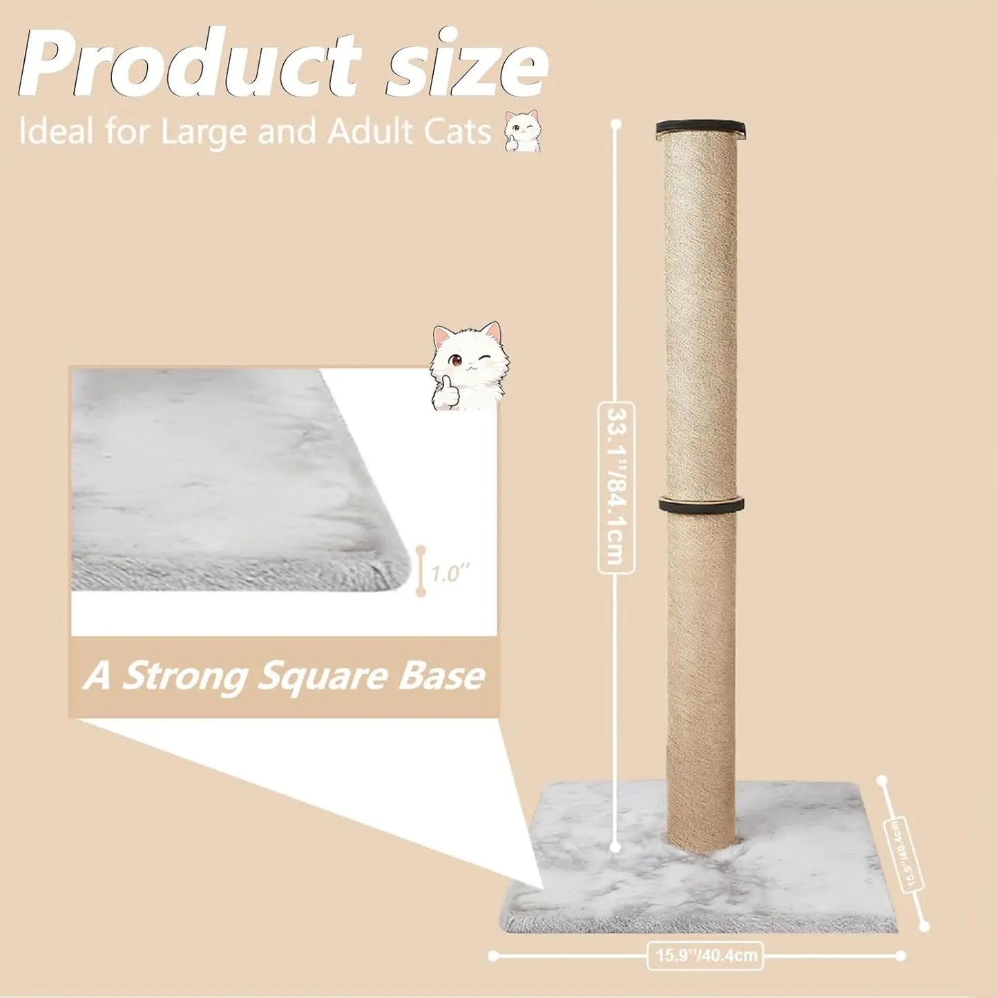 33' Tall Cat Scratching Post with Sisal & Plush Pad for Indoor Cats