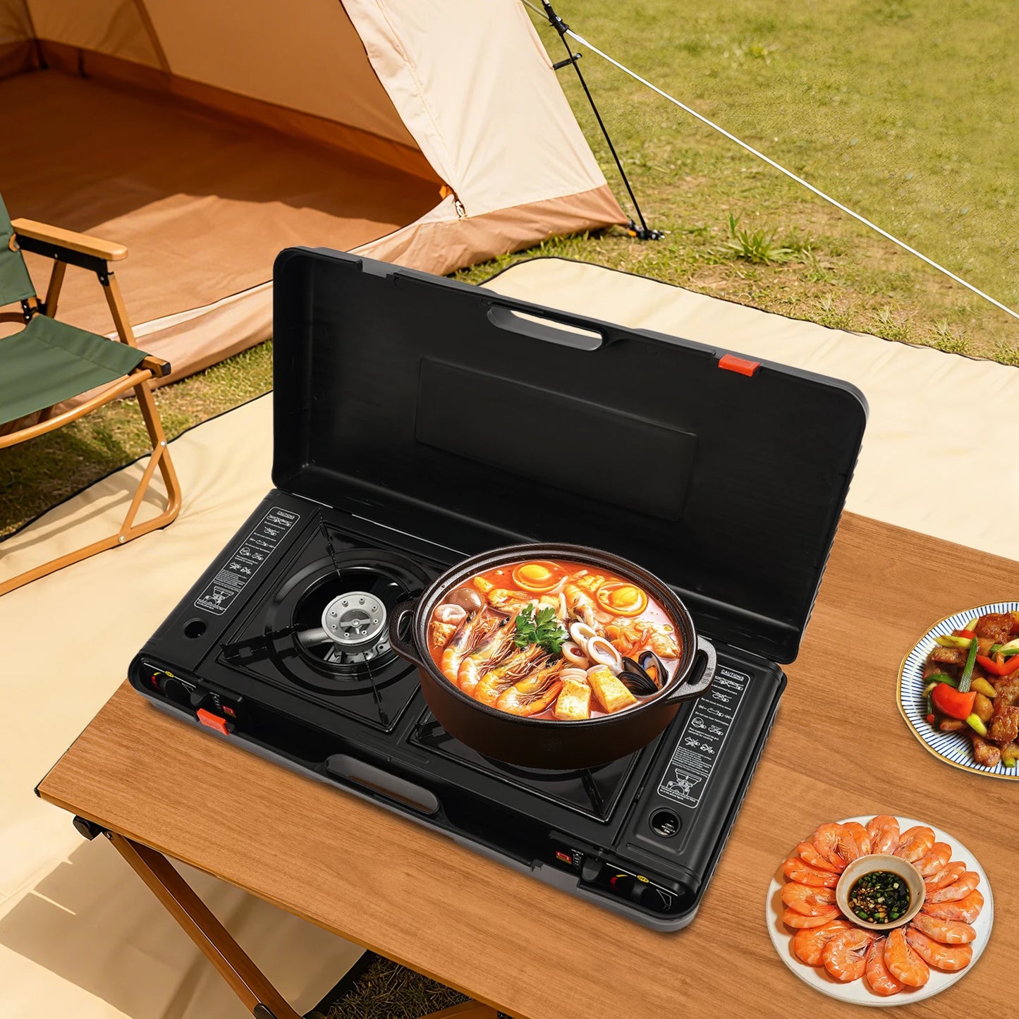 2in1 2-Burner Portable Camping Stove, Butane Camping Stove Kit w/Baking Pan and Carrying Case, Auto Ignition Camping Burner LPG