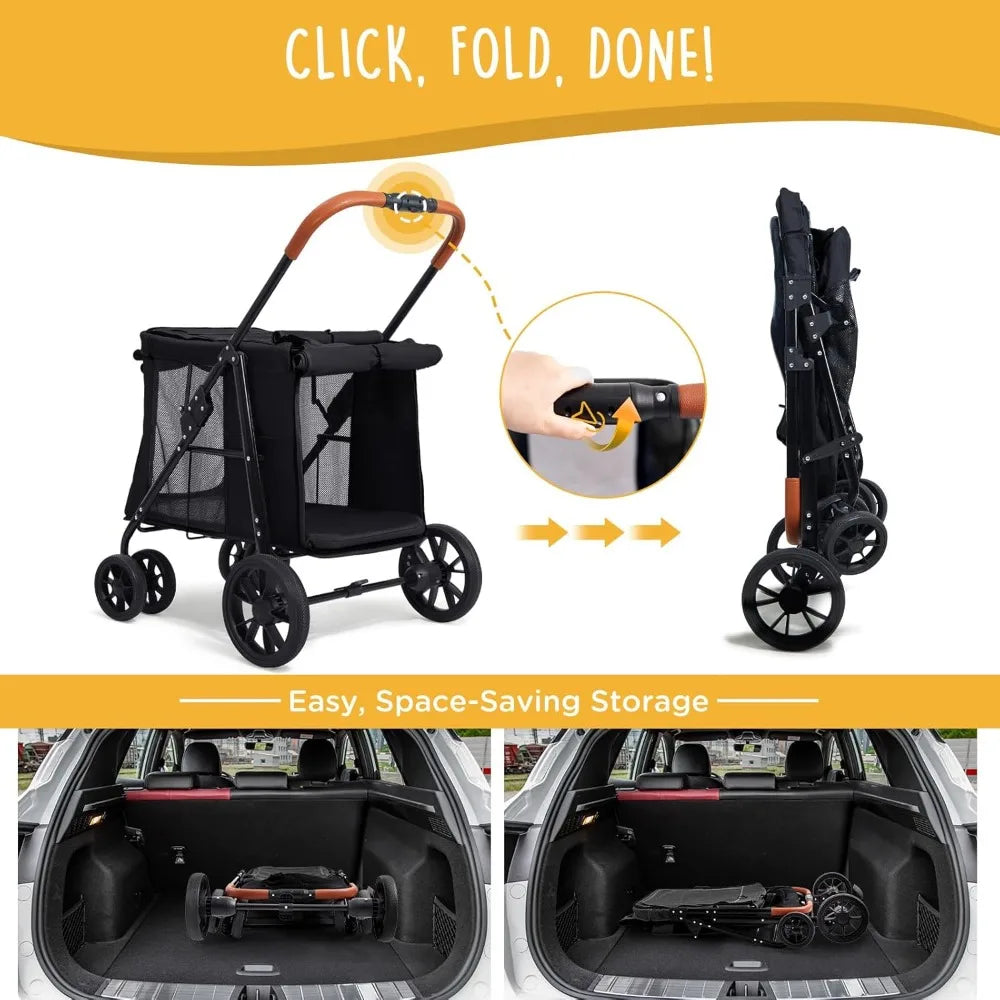 Wheels Pet Stroller for Small/Medium Dogs - One Button Fold, Adjustable Mesh Windows and Shades, 360° Swivel Front Wheels and R