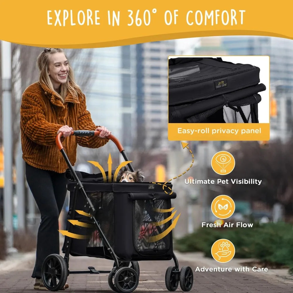 Wheels Pet Stroller for Small/Medium Dogs - One Button Fold, Adjustable Mesh Windows and Shades, 360° Swivel Front Wheels and R