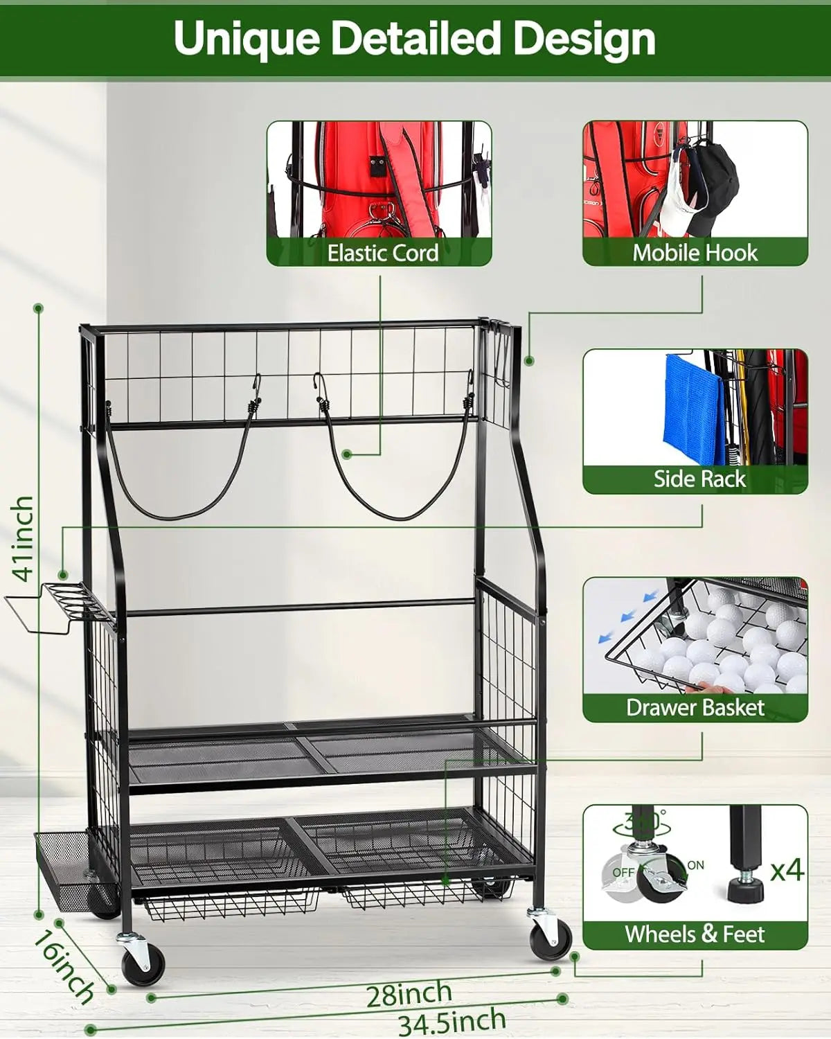Golf Bag Storage Garage Organizer for 2 Bag, Extra Clubs, Balls, Shoes, for Garage, Club, Shed