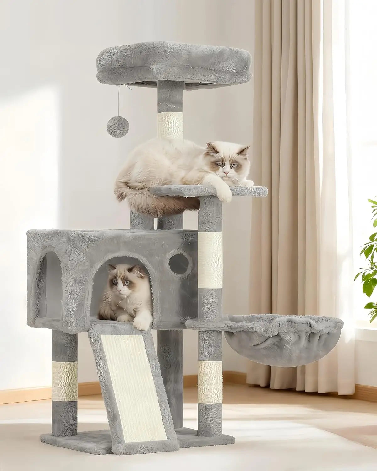 Cat Tree 41.3' Multi-Level Condo with Scratching Posts, Perches, Hammock & Balls - Light Gray