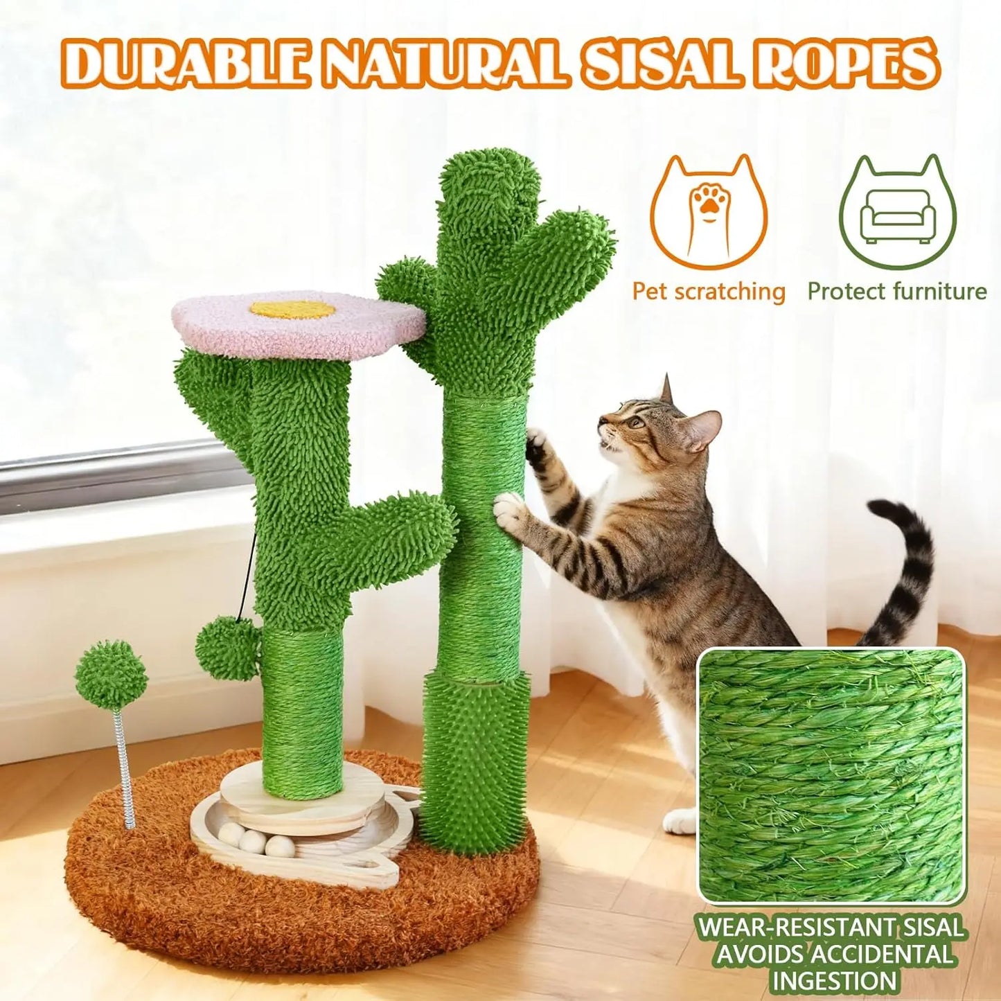 2025 New DIY Cactus Cat Scratching Post with Brush & Ball Toy | Modular Sisal Scratcher for Indoor Cats
