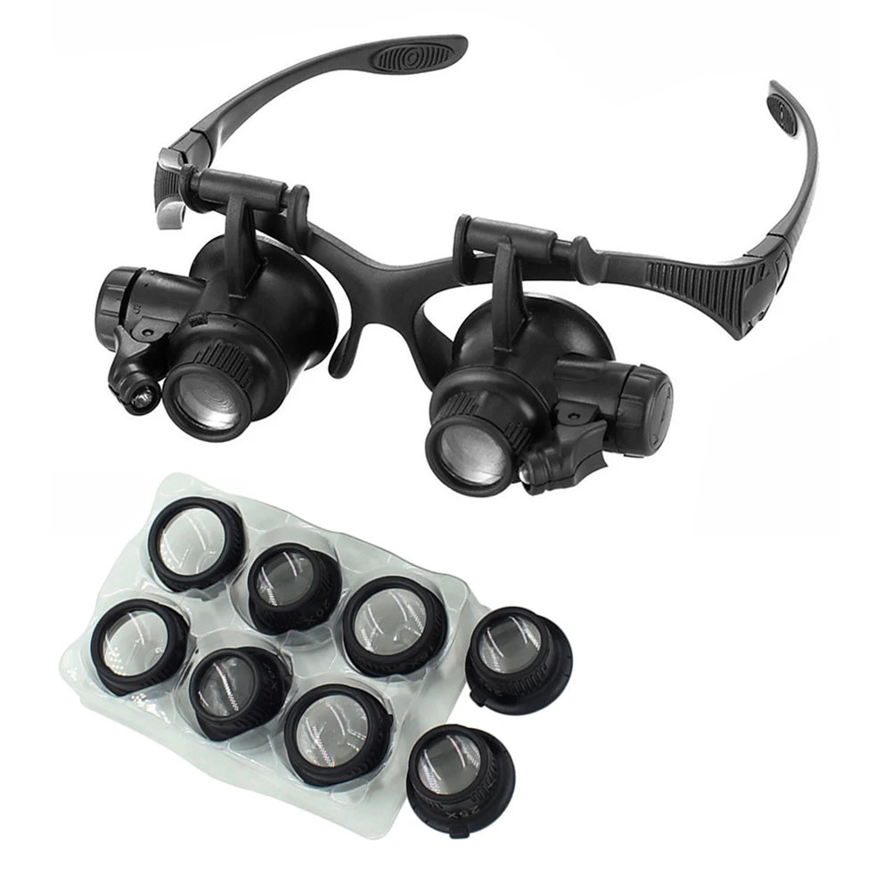 Professional Magnifier with Two LED Lights 10X/15X/20X/25X Double Eye Glasses Type Watch Repair Jeweler Inspect Tool